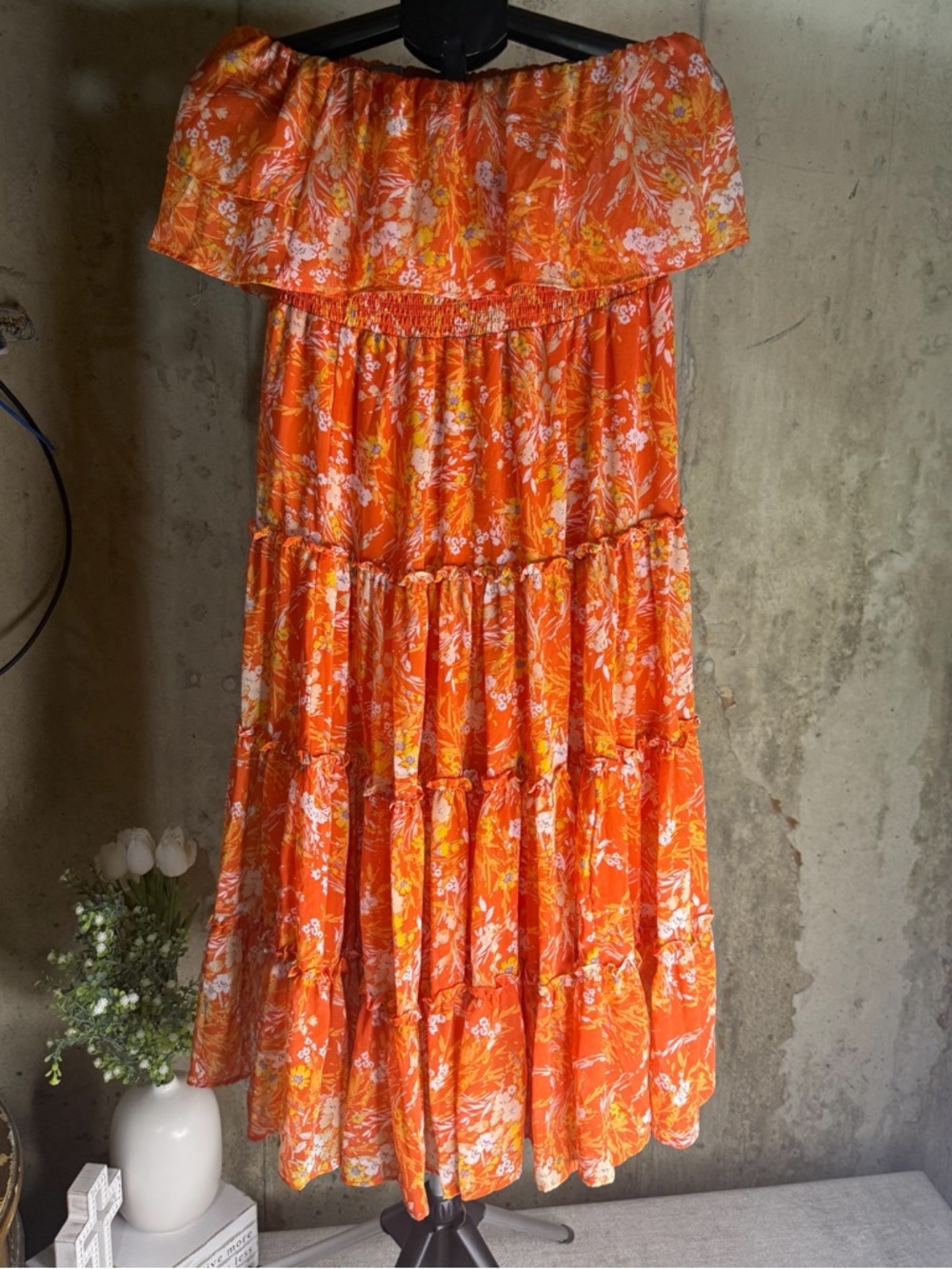 MSK Hibiscus Floral Off Shoulder Dress Medium Boho Tiered Summer Vacation NWT